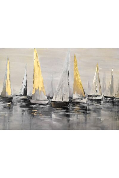 Harikabirev HARİKABİREV|KREM-GRİ-GOLD ABSTRACT YELKENLİ KOMBİNİ 01 |ÇERÇEVELİ TEMPERLİ CAM TABLO 3LÜ YATAY