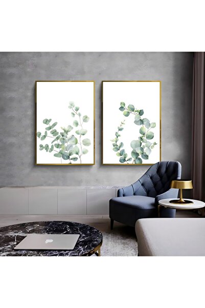 Harikabirev HARİKABİREV | COMBINAT DE RAMURI DE FRUNZE ALBE-VERDE 01 | TABLO DE STICLA CU CADRU 2 PIESE VERTICAL