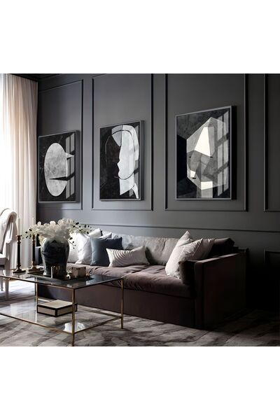 Harikabirev HARİKABİREV | COMBINATIE ABSTRACTĂ ALB-NEGRU 08 | TABLO DE STICLA CU CADRU 3 PIESE VERTICAL