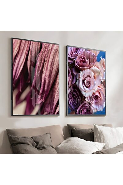 Harikabirev HARİKABİREV | COMBINAT DE FLORI SI FRUNZE DE CULOARE ROZ PURPLE DE TRIOU DESUSAT | TABLO DE STICLA CU CADRU 2 PIESE VERTICAL