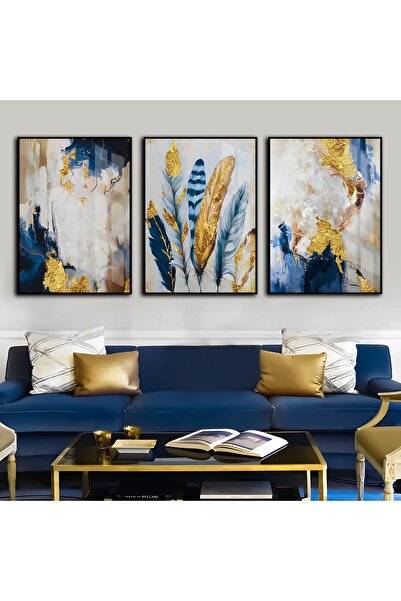 Harika bir ev Hari̇kabi̇rev | Dark Blue-Gold Combination 3 Feather-Abstract C...
