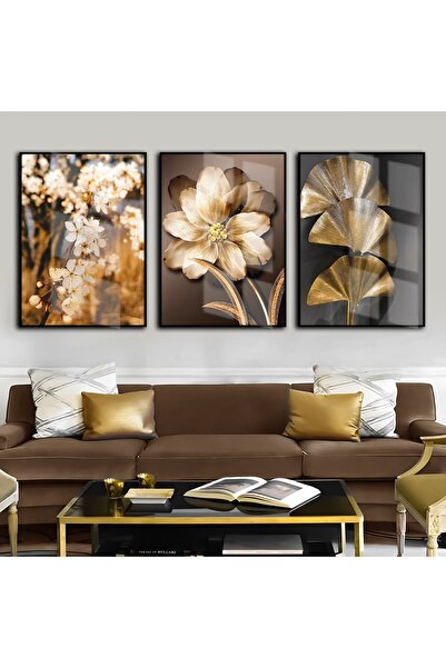 Harika bir ev |kahverengi-gold En Şık Çiçek Kombini Kabartmasız |çerçeveli Te...