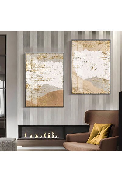 Harikabirev HARİKABİREV | COMBINAT DE ABSTRACTE CU MODELE DURĂRI DE AUR-GRIS-CREM 03 | TABLO DE STICLA CU CADRU 2 PIESE VERTICAL