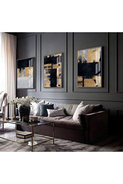 Harikabirev HARİKABİREV | COMBINATIE ABSTRACTĂ GRAY-GOLD-BLACK 03 | TABLO DE STICLA CU CADRU 3 PIESE VERTICAL