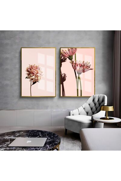 Harikabirev HARİKABİREV | COMBINAT DE FLORI ROZ 002 | TABLO DE STICLA CU CADRU 2 PIESE VERTICAL