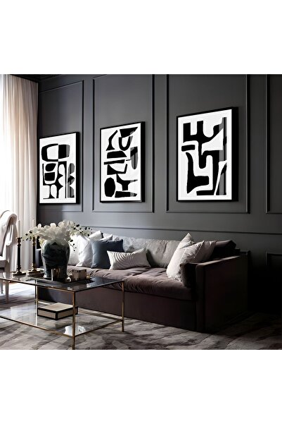 Harikabirev HARİKABİREV | COMBINATIE ABSTRACTĂ ALB-NEGRU 07 | TABLO DE STICLA CU CADRU 3 PIESE VERTICAL