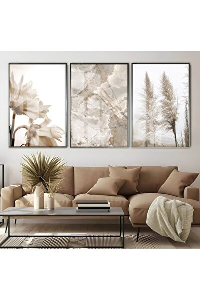 Harikabirev HARİKABİREV | COMBINAT DE FLORI ALB-CREM 01 | TABLO DE STICLA CU CADRU 3 PIESE VERTICAL
