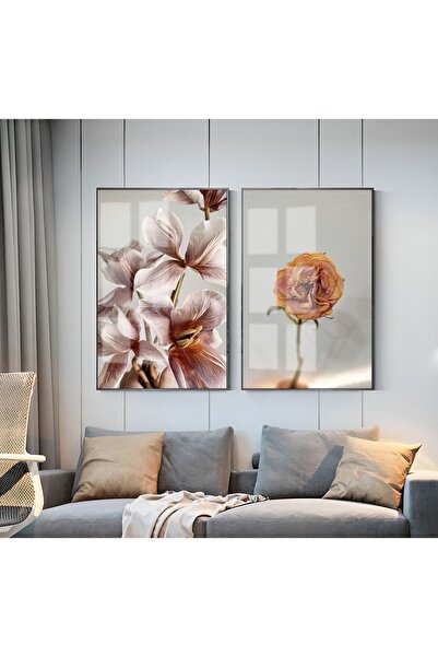Harikabirev HARİKABİREV | COMBINAT DE TRIPIE ROZ ȘI FLORI 1 | TABLO DE STICLA CU CADRU 2 PIESE VERTICAL