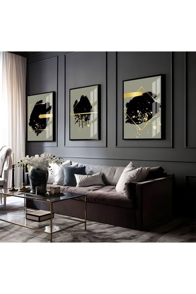 Harikabirev HARİKABİREV | COMBINATIE ABSTRACTĂ AUR-NEGRU 02 | TABLO DE STICLA CU CADRU 3 PIESE VERTICAL