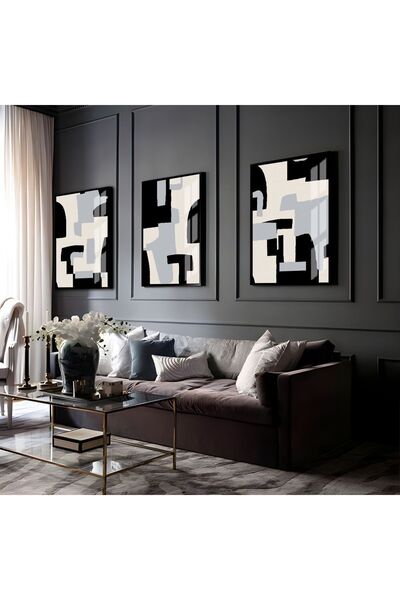 Harikabirev HARİKABİREV | COMBINAT DE ABSTRACTE GRAY-CREAM-BLACK 06 | TABLO DE STICLA CU CADRU 3 PIESE VERTICAL