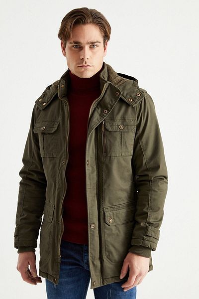 DYNAMO Men's Military Green Hooded Fur Lined Waterproof Coated Thick Coat