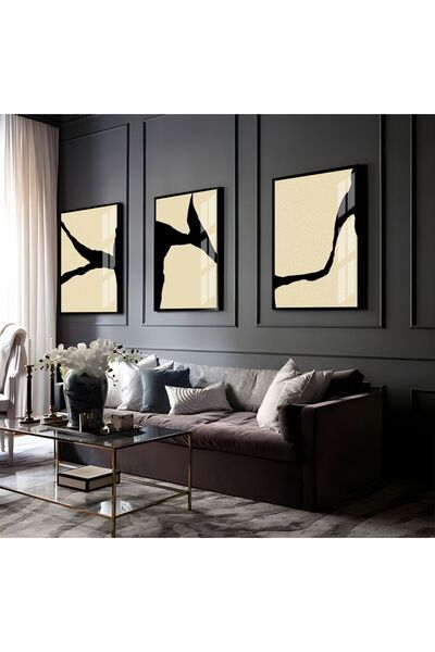 Harikabirev HARİKABİREV | COMBINAT DE ABSTRACTE ABSTRACTE NEGRU-CREM 02 | TABLO DE STICLA CU CADRU 3 PIESE VERTICAL