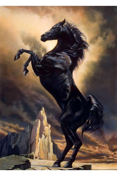 Harikabirev HARİKABİREV|SİYAH-GOLD SEVİLEN ŞAHLANAN AT TABLOSU 1 |ÇERÇEVELİ TEMPERLİ CAM TABLO TEKLİ DİKEY