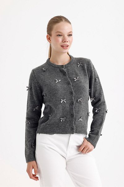 fujya Women's Crew Neck Bow Anthracite Knitwear Cardigan