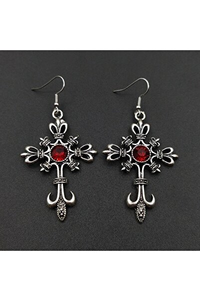 sleyshop kırmızı taşlı haç anahtar küpe