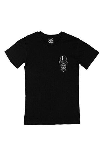 Cix Tricou negru cu design de logo cu buzunar cu cap de craniu cu pălărie
