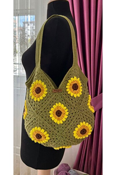 B BUL AKSESUAR Ay Çiçeği Motifli El Yapımı Örgü Kadın Omuz Çantası
