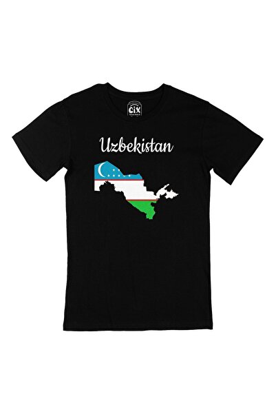 Cix Tricou negru cu hartă și steagul Uzbekistanului