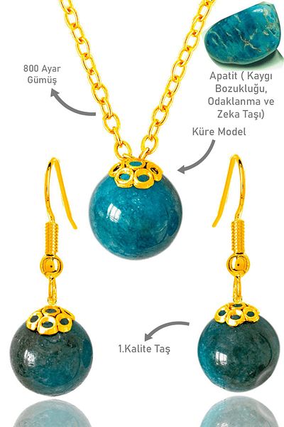 Tesbih Atölyesi Gold Globe Model Apatite Stone - Necklace and Earring Set, Silver Apparatus