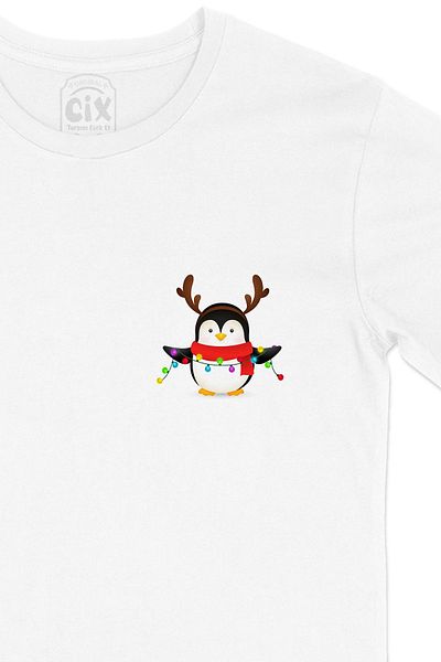 Cix Tricou alb Pinguin de Anul Nou cu logo-ul de buzunar