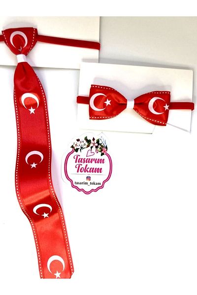 kombin takı 23 April Children's Day Red and White Turkish Flag Boy's Tie and Bow Tie Set (2 Items)