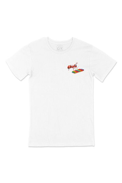Cix Λευκό T-Shirt - Τσέπη μυρμηγκιού που παίζει ξυλόφωνο, με σχέδιο λογότυπου