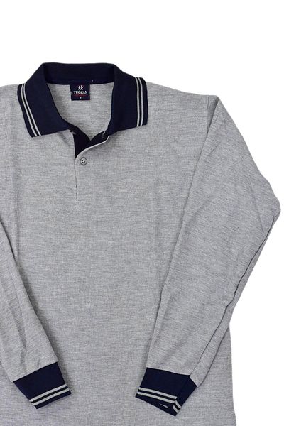 BAGLAN Polo Collar College Sweat - Gray Navy Blue Ends-S