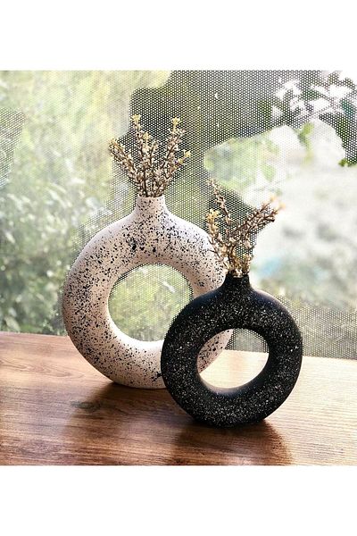 thiramis homeconcept مزهرية حلقية من الجرانيت باللونين الأبيض والأسود - 19x17-15x14 سم