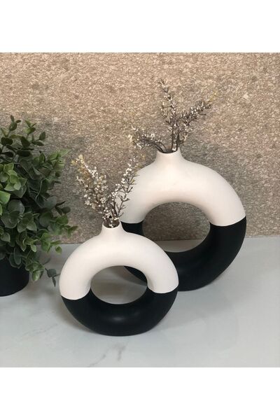 thiramis homeconcept مزهرية حلقية باللونين الأبيض والأسود مع زخارف مزدوجة - عبوة من قطعتين