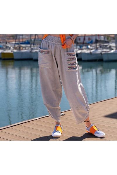 pier moda Bohemian Style Embroidered Gray Linen Shalwar - Rubber Waist Yoga Pants