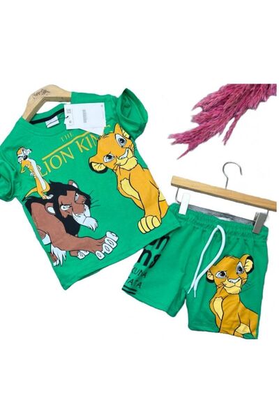 ÇocukçaGiy Lion King Printed Shorts Tshirt Boys Girls Kids Top and Bottom Set 10 Colors 2-8 Years