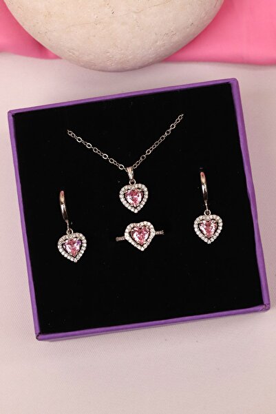 Lessimoni Pirinç muadil gold kalpli taşlı kolye yüzük takım-Gümüş Kaplama-Pembe