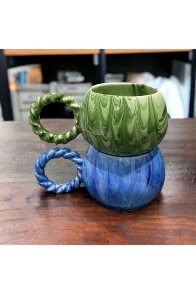 İZart 2 ‘ Li Örgü Kulp Baloncuk Yeşil - Mavi Ebruli El Yapımı Seramik Kupa