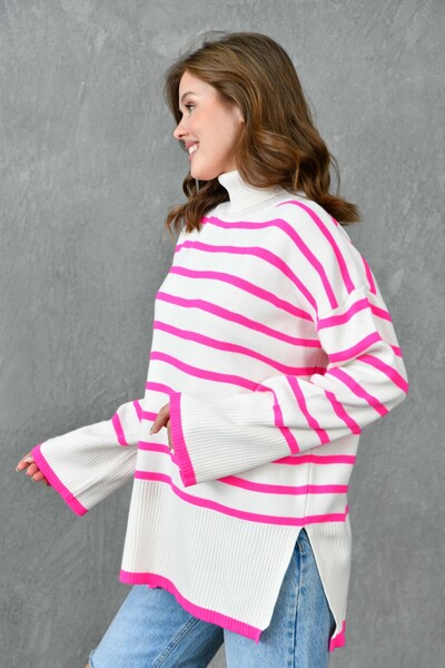 bayansepeti Pink Striped Turtleneck Oversized Knitwear Sweater - Off Shoulder, Long Sleeve, Side Slit 2544