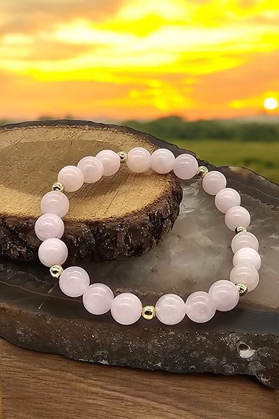 NBS Beautiful Naturel Stones 8 mm Real Natural Pink Quartz Love Stone Bracelet