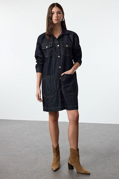Trendyol Collection Tmavě modrý obyčejný džínový trenčkot TWOAW25TR00046