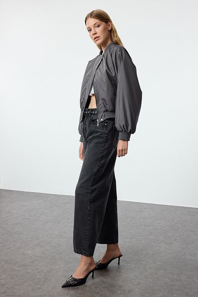 Trendyol Collection Blugi largi cu barrel antracit cu talie înaltă - durabil TWOAW25JE00147