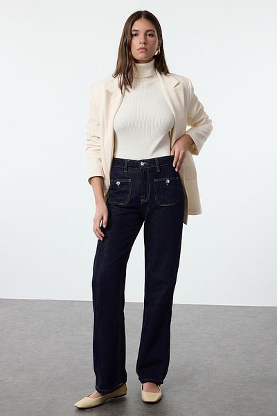 Trendyol Collection Magas derekú sötétkék széles lábú farmernadrág - TWOAW25JE00121