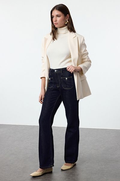 Trendyol Collection Magas derekú sötétkék széles lábú farmernadrág - TWOAW25JE00121