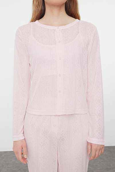 Trendyol Collection Világos rózsaszín 3 csomagos pontel áttört/lyukasztott kötélpántos kötött pizsama szett THMAW25PT00075