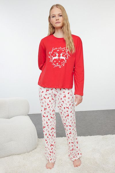 Trendyol Collection Πρωτοχρονιάτικο Σετ Πιτζάμες με Πλεκτό Κόκκινο Θέμα - 100% Βαμβάκι Thmaw25pt00117