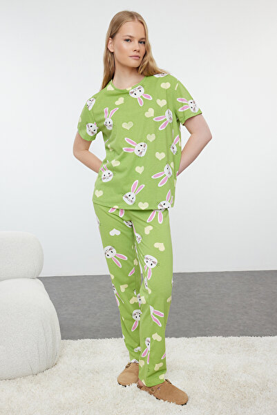 Trendyol Collection Green Rabbit and Heart Knitted Pajamas Set - 100% Cotton 3-Pack Thmaw25Pt00095