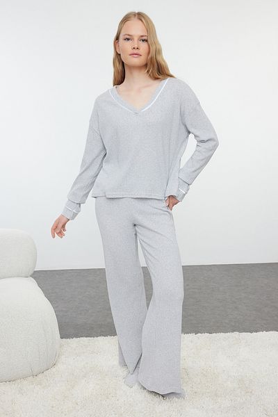 Trendyol Collection Corded Gray Knitted Pajama Set - Melange Piping Detail, Thmaw25pt00056