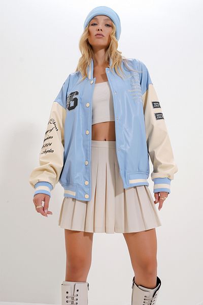 Trend Alaçatı Stili Modrá oversize Bomber dámská bunda – dvojitá kapsa, zapínání na patentky Alc-X12596