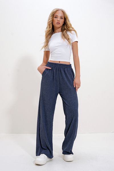 Trend Alaçatı Stili Indigo Women's Wide Leg Trousers - High Waist Elastic Alc-X12712