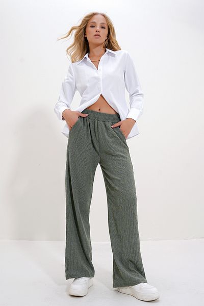 Trend Alaçatı Stili Elastische Khakihose mit weitem Bein und hoher Taille für Damen - Alc-X12712