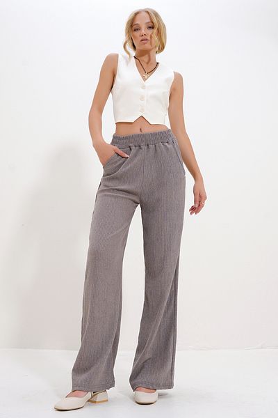 Trend Alaçatı Stili High Waist Mink Wide Leg Women's Trousers - Alc-X12712