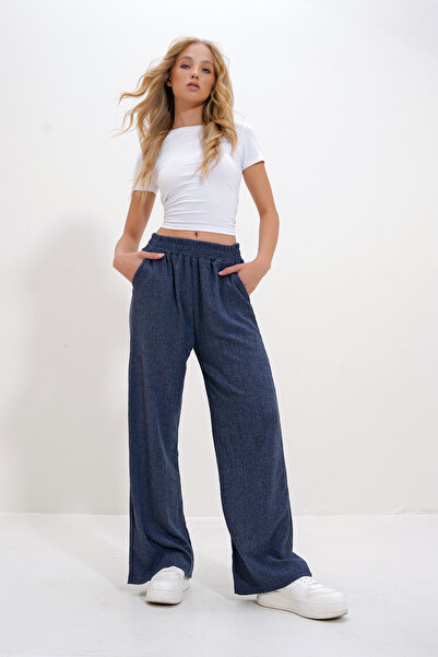 Trend Alaçatı Stili Kadın İndigo Yüksek Bel Lastikli Wide Leg Pantolon ALC-X12712