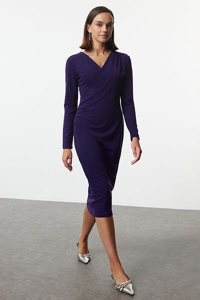 Trendyol Collection Μακρυμάνικο Gather Λεπτομερές PurpleMidiPnitted φόρεμα - Διπλό στήθος γιακά, εφαρμογή σώματος Twoaw24el00826