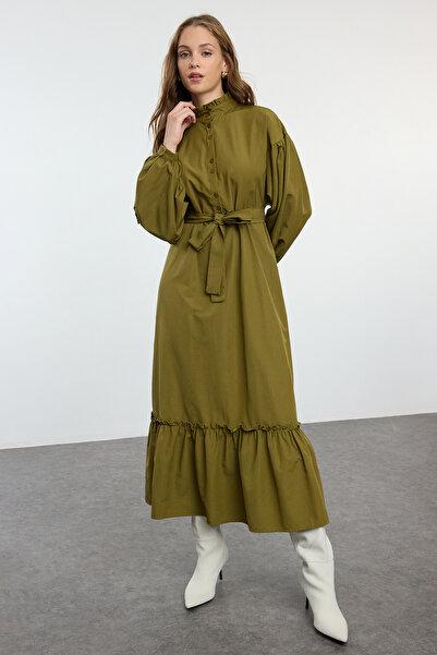 Trendyol Modest Βαμβακερό KHaki Διπλό Φόρεμα - Λεπτομέρεια με κορδόνια TCTAW25EB00104